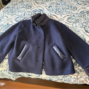 Navy Blue Quilted Detail Boiled Wool Coat